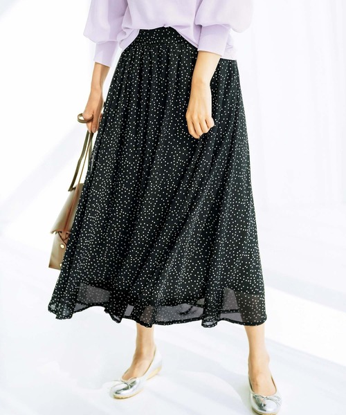 GeeRA(ジーラ)の「シフォンプリントフレアースカート(スカート・レディース・ブラック/イエロー/ドット/グリーン・SMALL/MEDIUM/LARGE/X-LARGE/XX-LARGE)」の4枚目の写真