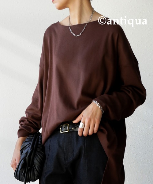 antiqua（アンティカ）の「こなれた雰囲気醸す、ボートネックロンT（Tシャツ/カットソー・レディース・ブラック/オフホワイト/チョコ/ブラウン系その他/ベージュ系その他/グリーン系その他/ブルー系その他/ライラック・FREE）」の3枚目の写真