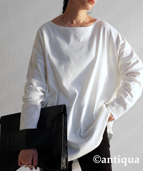 antiqua（アンティカ）の「こなれた雰囲気醸す、ボートネックロンT（Tシャツ/カットソー・レディース・ブラック/オフホワイト/チョコ/ブラウン系その他/ベージュ系その他/グリーン系その他/ブルー系その他/ライラック・FREE）」の2枚目の写真