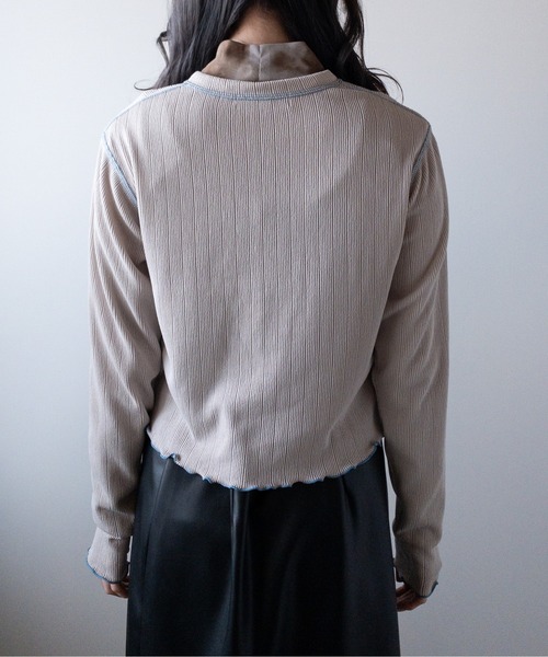 PUBLUX（パブリュクス）の「【PUBLUX/パブリュクス】リップル配色ステッチメローショートカーディガン（カーディガン/ボレロ・レディース・ラベンダー/ベージュ/スミクロ・ﾌﾘ-）」の7枚目の写真