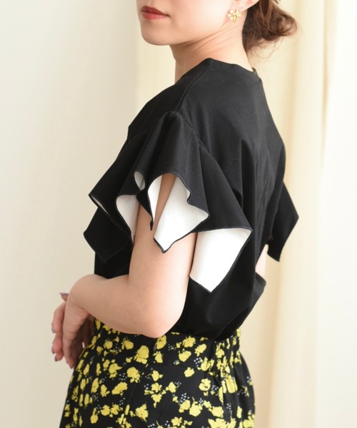 palm RICHE(ポームリシュ)の「バイカラーフリルトップス(Tシャツ/カットソー・レディース・ブラック/オフホワイト/サックスブルー・M)」の2枚目の写真