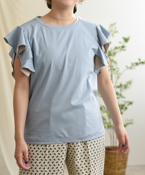 palm RICHE(ポームリシュ)の「バイカラーフリルトップス(Tシャツ/カットソー・レディース・ブラック/オフホワイト/サックスブルー・M)」の8枚目の写真