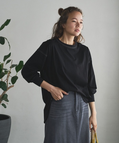 PUAL CE CIN(ピュアルセシン)の「配色ステッチシルケットプルオーバー(Tシャツ/カットソー・レディース・ホワイト/グレイッシュベージュ/ブラック・FREE)」の22枚目の写真