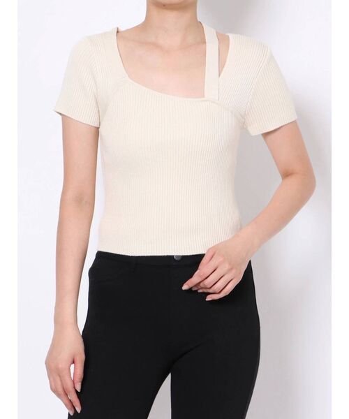 EVRIS（エヴリス）の「ショルダーデザインハーフスリーブニットトップス（ニット/セーター・レディース・ブラック/ホワイト/カーキ・FREE）」の2枚目の写真
