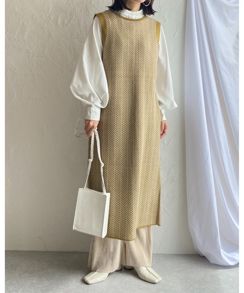 She's Closet（シーズクローゼット）の「前後2wayノースリーブヘリンボーン柄ニットロングジレベスト（ベスト・レディース・ベージュ/ブラック/マスタード・FREE）」の9枚目の写真
