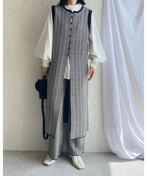She's Closet（シーズクローゼット）の「前後2wayノースリーブヘリンボーン柄ニットロングジレベスト（ベスト・レディース・ベージュ/ブラック/マスタード・FREE）」の6枚目の写真