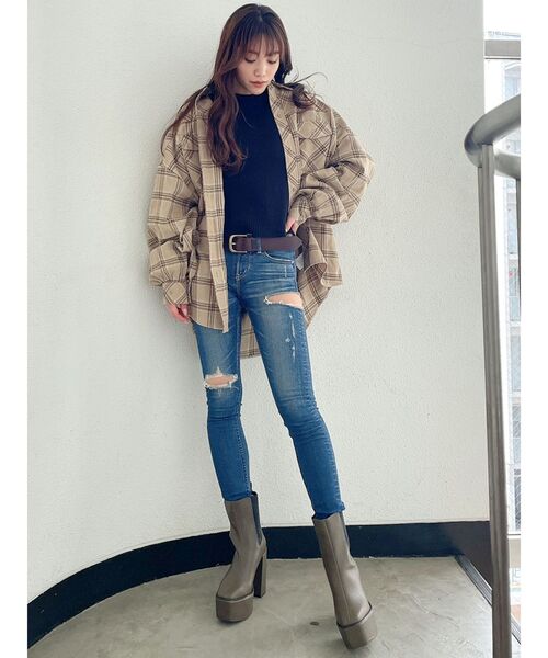 GYDA（ジェイダ）の「ドルマンBIGチェックシャツ（シャツ/ブラウス・レディース・ブラック/ベージュ・FREE）」の4枚目の写真