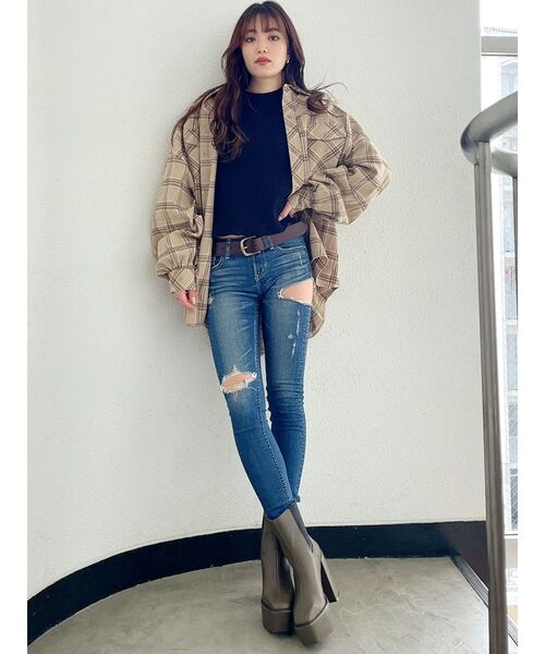 GYDA（ジェイダ）の「ドルマンBIGチェックシャツ（シャツ/ブラウス・レディース・ブラック/ベージュ・FREE）」の5枚目の写真