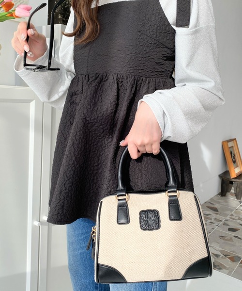 moment+(モーメントプラス)の「レザーモチーフロゴ配色キャンバスボストンバッグ(ボストンバッグ・レディース・ブラウン/アイボリー/ブラック・FREE)」の4枚目の写真