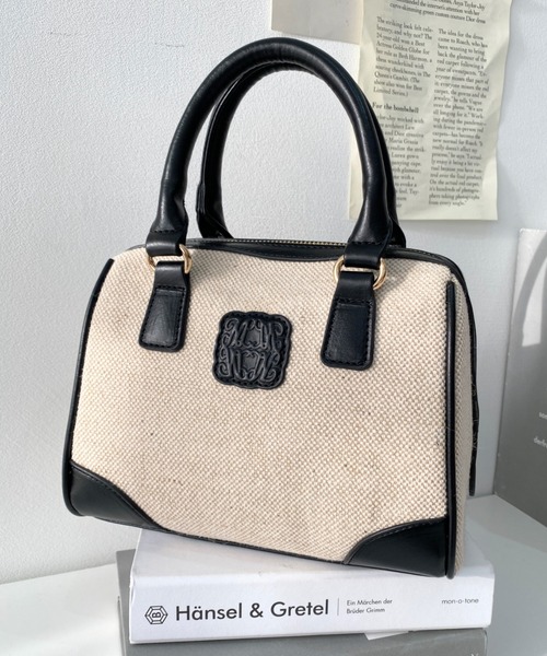 moment+(モーメントプラス)の「レザーモチーフロゴ配色キャンバスボストンバッグ(ボストンバッグ・レディース・ブラウン/アイボリー/ブラック・FREE)」の6枚目の写真