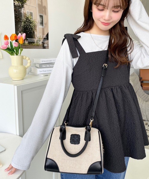 moment+(モーメントプラス)の「レザーモチーフロゴ配色キャンバスボストンバッグ(ボストンバッグ・レディース・ブラウン/アイボリー/ブラック・FREE)」の9枚目の写真