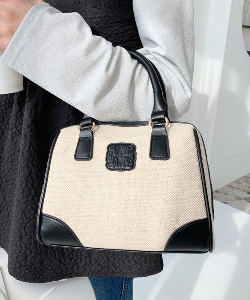 moment+(モーメントプラス)の「レザーモチーフロゴ配色キャンバスボストンバッグ(ボストンバッグ・レディース・ブラウン/アイボリー/ブラック・FREE)」の11枚目の写真