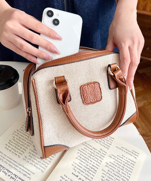 moment+(モーメントプラス)の「レザーモチーフロゴ配色キャンバスボストンバッグ(ボストンバッグ・レディース・ブラウン/アイボリー/ブラック・FREE)」の19枚目の写真