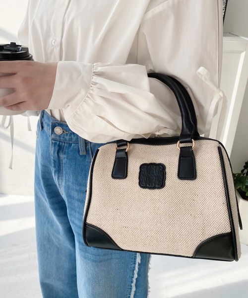 moment+(モーメントプラス)の「レザーモチーフロゴ配色キャンバスボストンバッグ(ボストンバッグ・レディース・ブラウン/アイボリー/ブラック・FREE)」の14枚目の写真