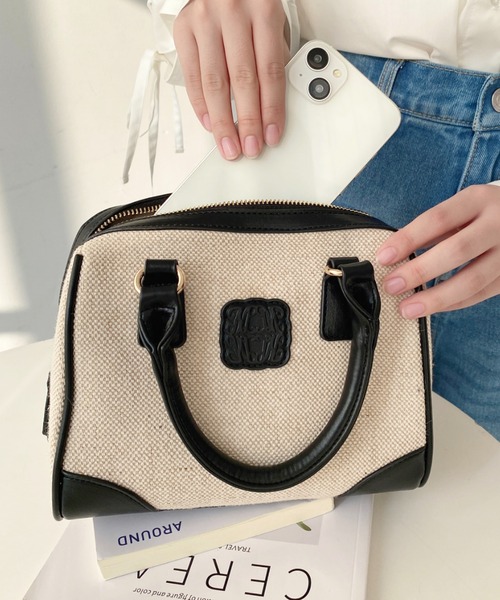 moment+(モーメントプラス)の「レザーモチーフロゴ配色キャンバスボストンバッグ(ボストンバッグ・レディース・ブラウン/アイボリー/ブラック・FREE)」の13枚目の写真