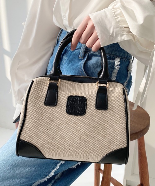 moment+(モーメントプラス)の「レザーモチーフロゴ配色キャンバスボストンバッグ(ボストンバッグ・レディース・ブラウン/アイボリー/ブラック・FREE)」の12枚目の写真