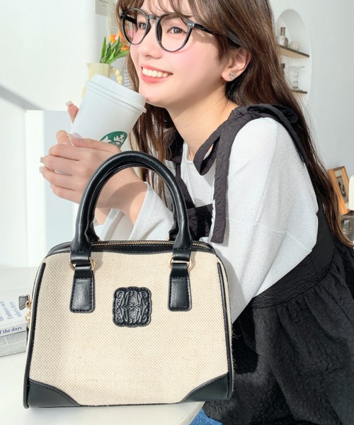 moment+(モーメントプラス)の「レザーモチーフロゴ配色キャンバスボストンバッグ(ボストンバッグ・レディース・ブラウン/アイボリー/ブラック・FREE)」の22枚目の写真