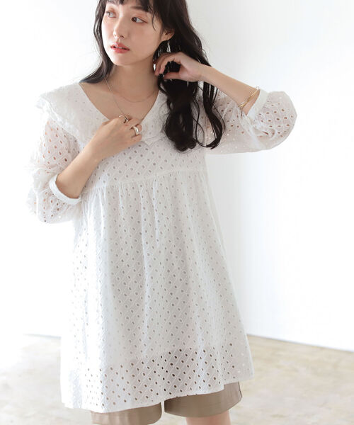 BeAMS DOT(ビームスドット)の「【WEB限定】BeAMS DOT / フリル襟 レース ミニワンピース(ワンピース・レディース・ホワイト/グリーン・FREE)」の3枚目の写真