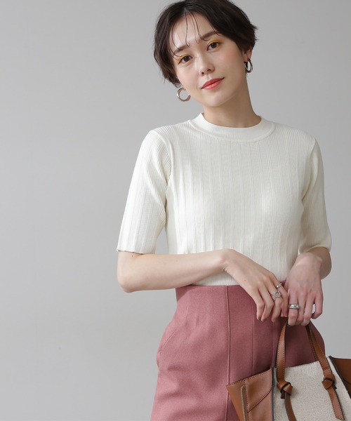 N.（N. Natural Beauty Basic）（エヌエヌナチュラルビューティーベーシック）の「◆コットンレーヨンランダムリブニット（ニット/セーター・レディース・グレイッシュベージュ/クリーム/ブルー/ネイビー/イエロー・MEDIUM）」の2枚目の写真
