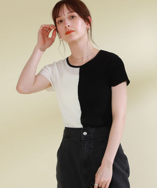 Ray BEAMS（レイビームス）の「Ray BEAMS / センターシーム キリカエ Tシャツ（Tシャツ/カットソー・レディース・ブラック×ホワイト/オレンジ・ONE SIZE）」の2枚目の写真