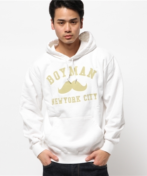 WHO'S WHO gallery(フーズフーギャラリー)の「【期間限定セール】【BOYMAN】クラックカレッジフードパーカー(パーカー・メンズ・ホワイト/ネイビー/グレー/ブラック・MEDIUM/SMALL/LARGE)」の2枚目の写真