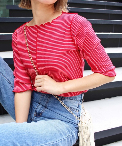 MLI'A（エムリア）の「ボーダーメロウトップス（Tシャツ/カットソー・レディース・ホワイト×ブラック/ホワイト×イエロー/ブラック×ホワイト/ピンク系2/レッド系3・M）」の5枚目の写真