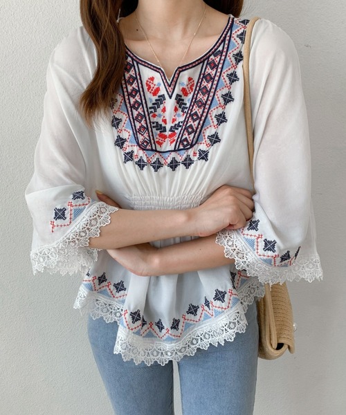 ABITOKYO(アビトーキョー)の「カラー刺繍ブラウス(シャツ/ブラウス・レディース・ベージュ/ネイビー/ホワイト・S/M)」の6枚目の写真