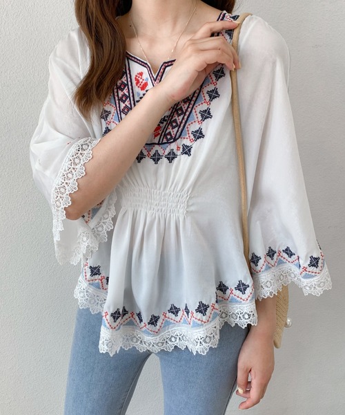 ABITOKYO(アビトーキョー)の「カラー刺繍ブラウス(シャツ/ブラウス・レディース・ベージュ/ネイビー/ホワイト・S/M)」の9枚目の写真