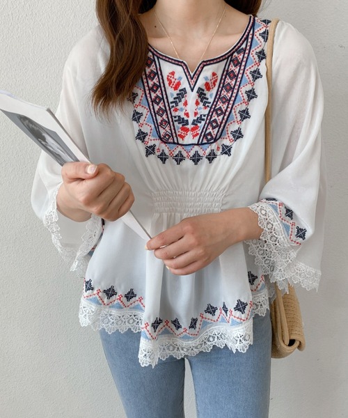 ABITOKYO(アビトーキョー)の「カラー刺繍ブラウス(シャツ/ブラウス・レディース・ベージュ/ネイビー/ホワイト・S/M)」の11枚目の写真