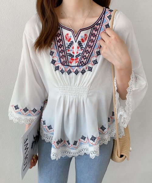 ABITOKYO(アビトーキョー)の「カラー刺繍ブラウス(シャツ/ブラウス・レディース・ベージュ/ネイビー/ホワイト・S/M)」の12枚目の写真
