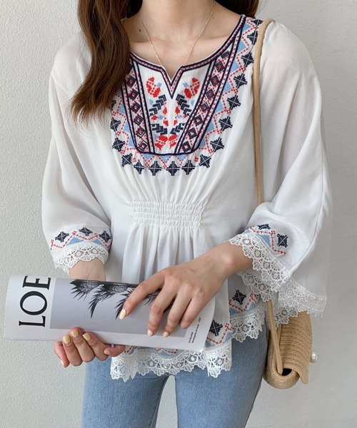 ABITOKYO(アビトーキョー)の「カラー刺繍ブラウス(シャツ/ブラウス・レディース・ベージュ/ネイビー/ホワイト・S/M)」の13枚目の写真