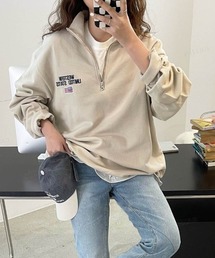 Dalfwin | 2022 AW 秋冬 韓国ファッション スウェット レディース 星条旗ハーフジップスウェット トレーナー オーバーサイズ ビッグシルエット ワンポイント刺繍(スウェット)