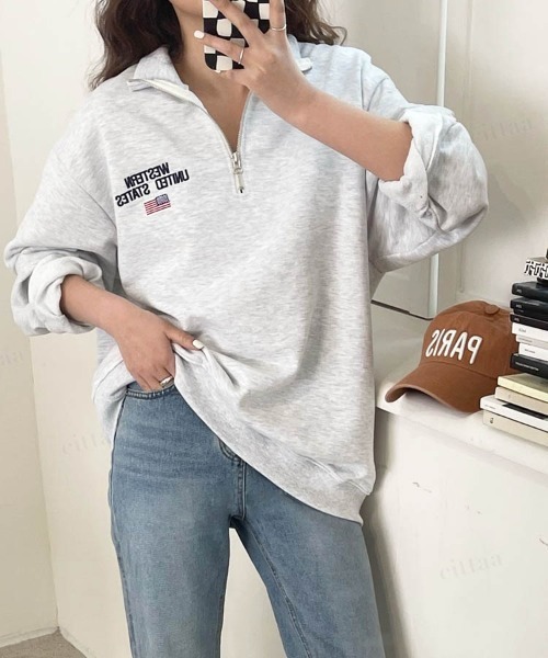 Dalfwin(ダールフィン)の「2022 AW 秋冬 韓国ファッション スウェット レディース 星条旗ハーフジップスウェット トレーナー オーバーサイズ ビッグシルエット ワンポイント刺繍(スウェット・レディース・ホワイト/ネイビー/ベージュ/グレー・FREE)」の5枚目の写真