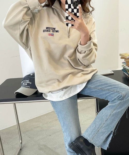 Dalfwin(ダールフィン)の「2022 AW 秋冬 韓国ファッション スウェット レディース 星条旗ハーフジップスウェット トレーナー オーバーサイズ ビッグシルエット ワンポイント刺繍(スウェット・レディース・ホワイト/ネイビー/ベージュ/グレー・FREE)」の10枚目の写真