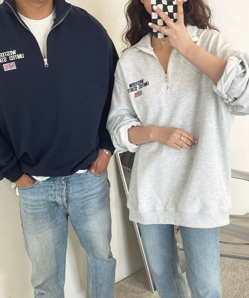 Dalfwin(ダールフィン)の「2022 AW 秋冬 韓国ファッション スウェット レディース 星条旗ハーフジップスウェット トレーナー オーバーサイズ ビッグシルエット ワンポイント刺繍(スウェット・レディース・ホワイト/ネイビー/ベージュ/グレー・FREE)」の12枚目の写真