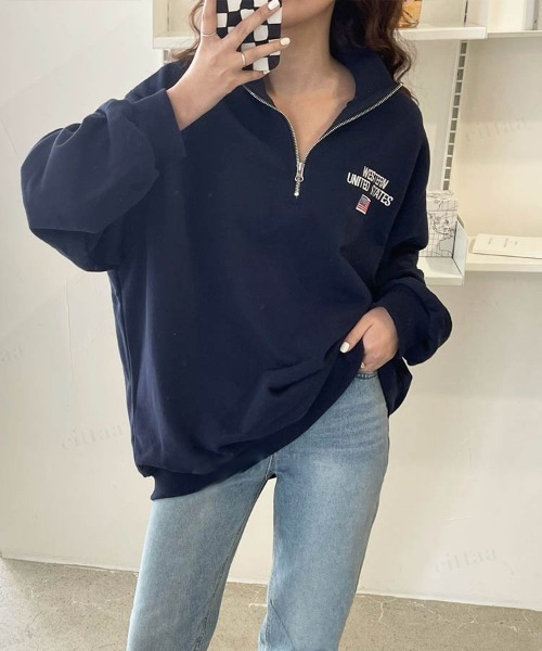 Dalfwin(ダールフィン)の「2022 AW 秋冬 韓国ファッション スウェット レディース 星条旗ハーフジップスウェット トレーナー オーバーサイズ ビッグシルエット ワンポイント刺繍(スウェット・レディース・ホワイト/ネイビー/ベージュ/グレー・FREE)」の13枚目の写真