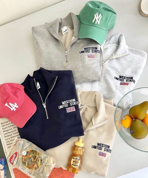 Dalfwin(ダールフィン)の「2022 AW 秋冬 韓国ファッション スウェット レディース 星条旗ハーフジップスウェット トレーナー オーバーサイズ ビッグシルエット ワンポイント刺繍(スウェット・レディース・ホワイト/ネイビー/ベージュ/グレー・FREE)」の20枚目の写真