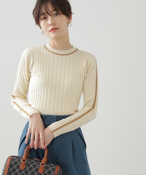 N.(N. Natural Beauty Basic)(エヌエヌナチュラルビューティーベーシック)の「◆ラインマルチリブニット(ニット/セーター・レディース・オフホワイト/グレー/グリーン・MEDIUM)」の1枚目の写真