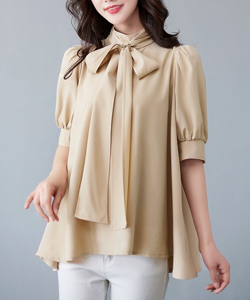 Amulet（アミュレット）の「ボウタイリボンブラウス（シャツ/ブラウス・レディース・ブルー/ブラック/ホワイト/ベージュ/グリーン・FREE）」の4枚目の写真