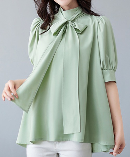 Amulet（アミュレット）の「ボウタイリボンブラウス（シャツ/ブラウス・レディース・ブルー/ブラック/ホワイト/ベージュ/グリーン・FREE）」の9枚目の写真