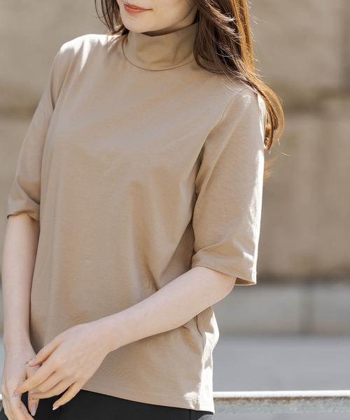 ZAKKA-BOX(ザッカボックス)の「ハイネックハーフスリーブプルオーバー(Tシャツ/カットソー・レディース・キャメル/ブラック/ホワイト・FREE)」の3枚目の写真