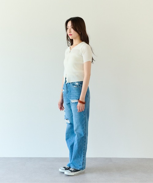 ECRIRE（エクリール）の「コンパクトなシルエット。Wジップ半袖ニットトップス。（ニット/セーター・レディース・ホワイト/ブラック/ブルー・フリー）」の9枚目の写真