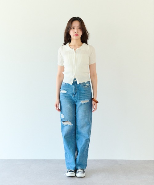 ECRIRE（エクリール）の「コンパクトなシルエット。Wジップ半袖ニットトップス。（ニット/セーター・レディース・ホワイト/ブラック/ブルー・フリー）」の5枚目の写真