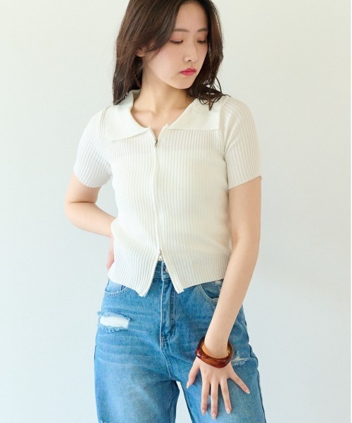 ECRIRE（エクリール）の「コンパクトなシルエット。Wジップ半袖ニットトップス。（ニット/セーター・レディース・ホワイト/ブラック/ブルー・フリー）」の16枚目の写真