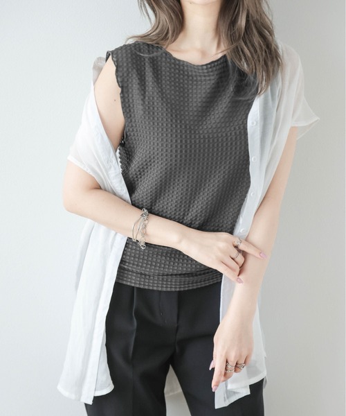 La-gemme(ラジェム)の「チェックジャガードトップス(Tシャツ/カットソー・レディース・グリーン/グレー/ブラック/ホワイト・フリー)」の3枚目の写真