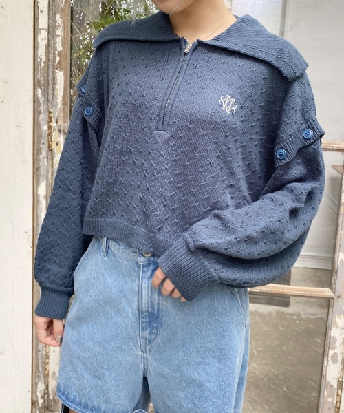 179/WG（イチナナキュウダブルジー）の「2WAYハーフZIPニット／ベスト（袖取り外し）（ニット/セーター・レディース・ブラック×ホワイト/ブルー/オフホワイト・FREE）」の3枚目の写真