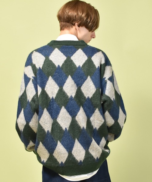 セール】オーバーサイズ シャギー加工ダイヤ柄/アーガイルVネック