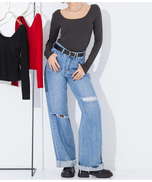 LATINA（ラティーナ）の「Tシャツ 前後2way Vネック Uネック 長袖（Tシャツ/カットソー・レディース・レッド/ブラック/グレー・FREE）」の16枚目の写真