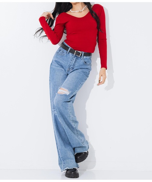 LATINA（ラティーナ）の「Tシャツ 前後2way Vネック Uネック 長袖（Tシャツ/カットソー・レディース・レッド/ブラック/グレー・FREE）」の11枚目の写真