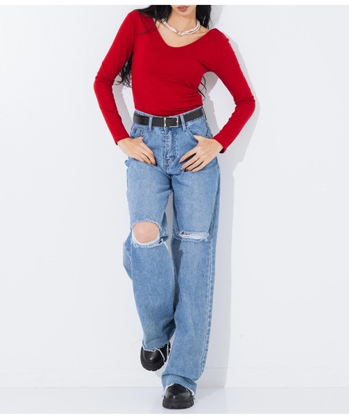 LATINA（ラティーナ）の「Tシャツ 前後2way Vネック Uネック 長袖（Tシャツ/カットソー・レディース・レッド/ブラック/グレー・FREE）」の9枚目の写真